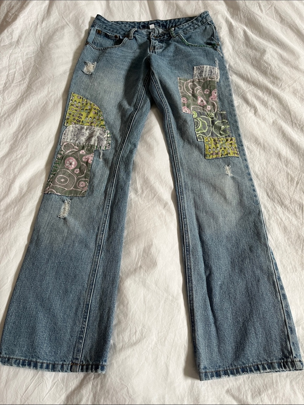 Younique vintage Y2K patchwork fairy boho paisley floral distressed denim jeans